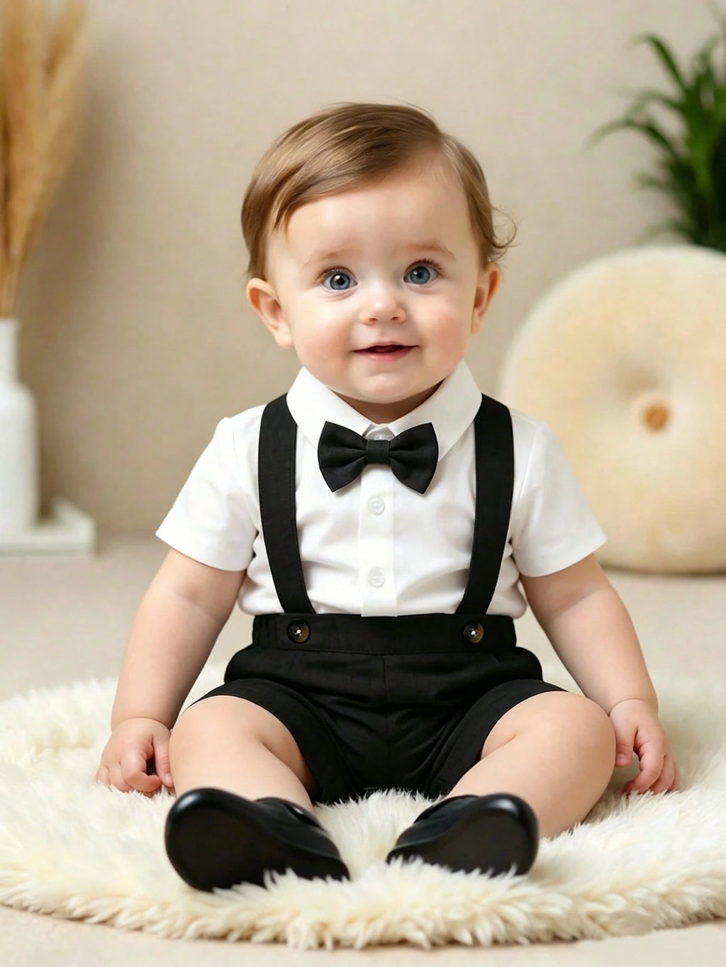 Souflis Baby Boy Knit Shirt & Suspender Shorts Gentleman Set