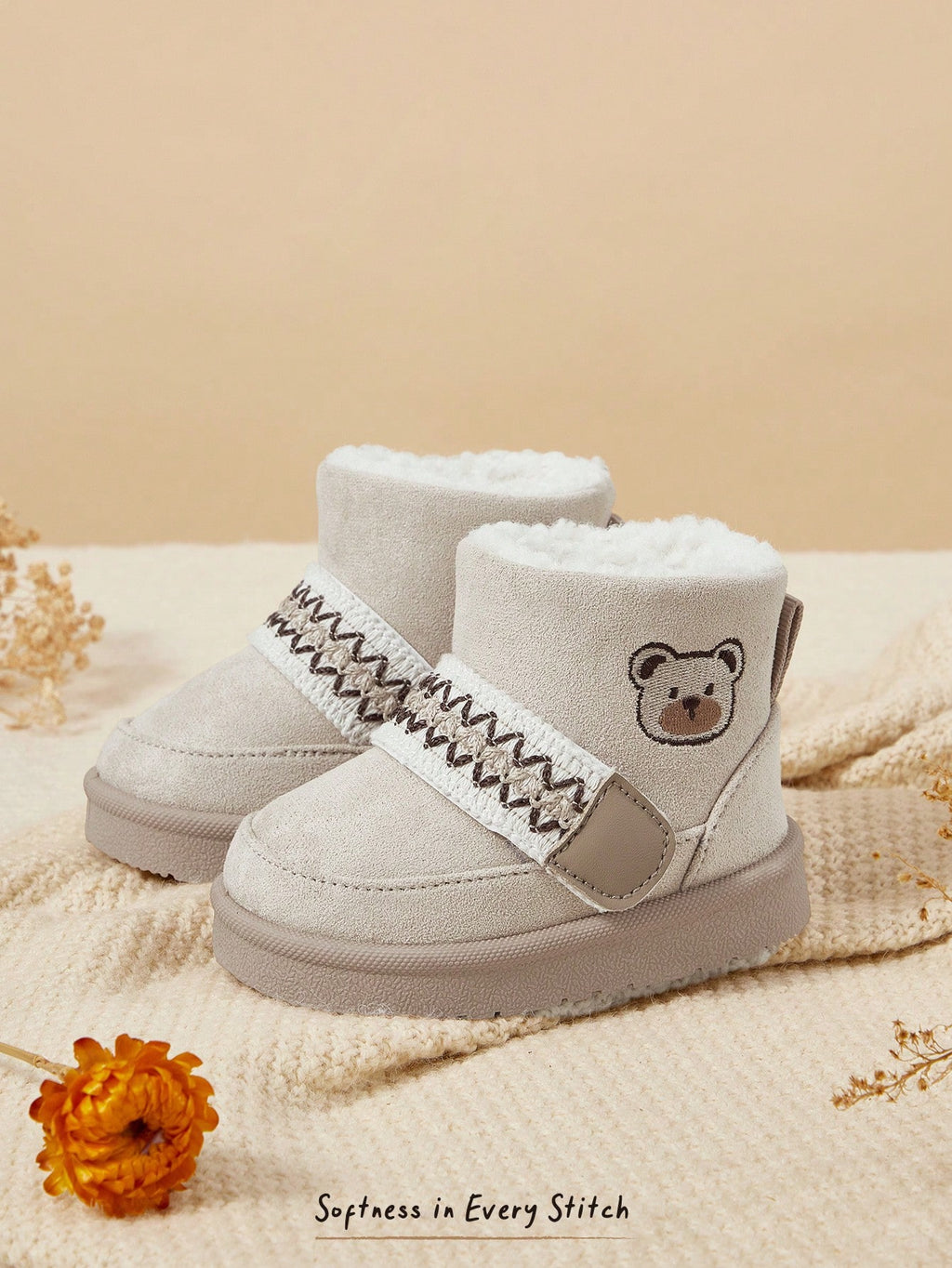 Cozy Pixies Unisex Beige Cute Bear Warm Fur Snow Boots