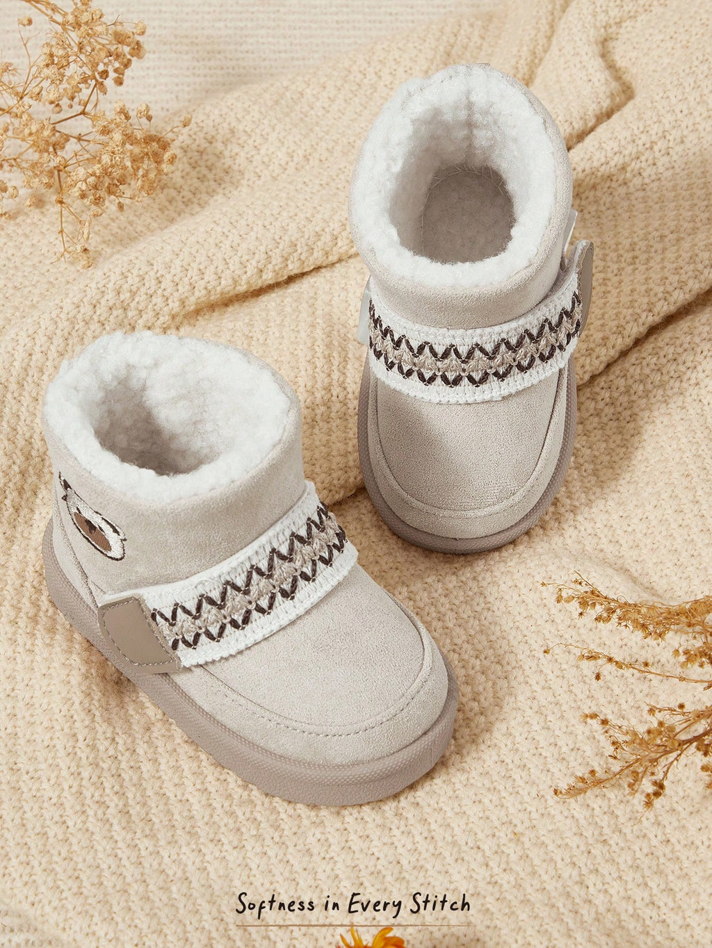 Cozy Pixies Unisex Beige Cute Bear Warm Fur Snow Boots