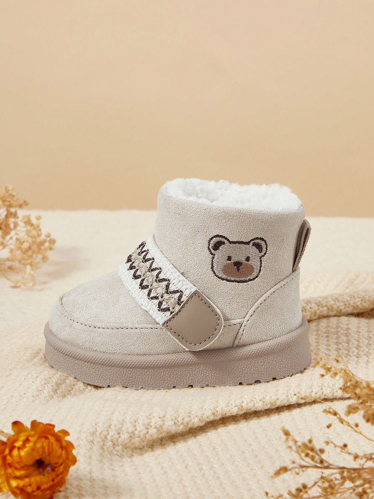 Cozy Pixies Unisex Beige Cute Bear Warm Fur Snow Boots