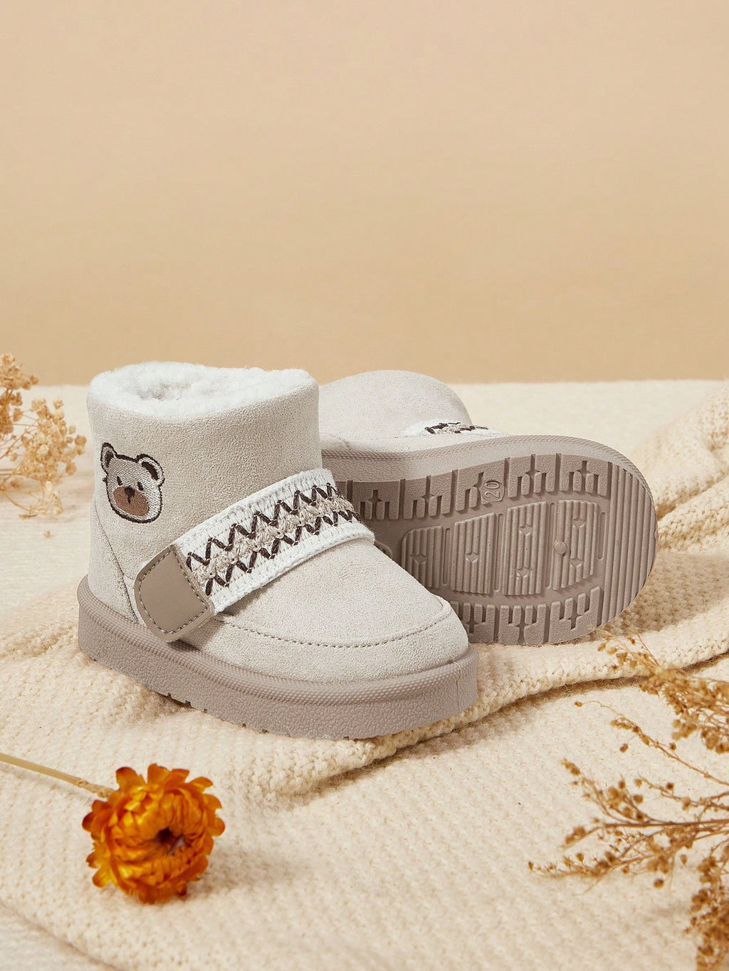 Cozy Pixies Unisex Beige Cute Bear Warm Fur Snow Boots
