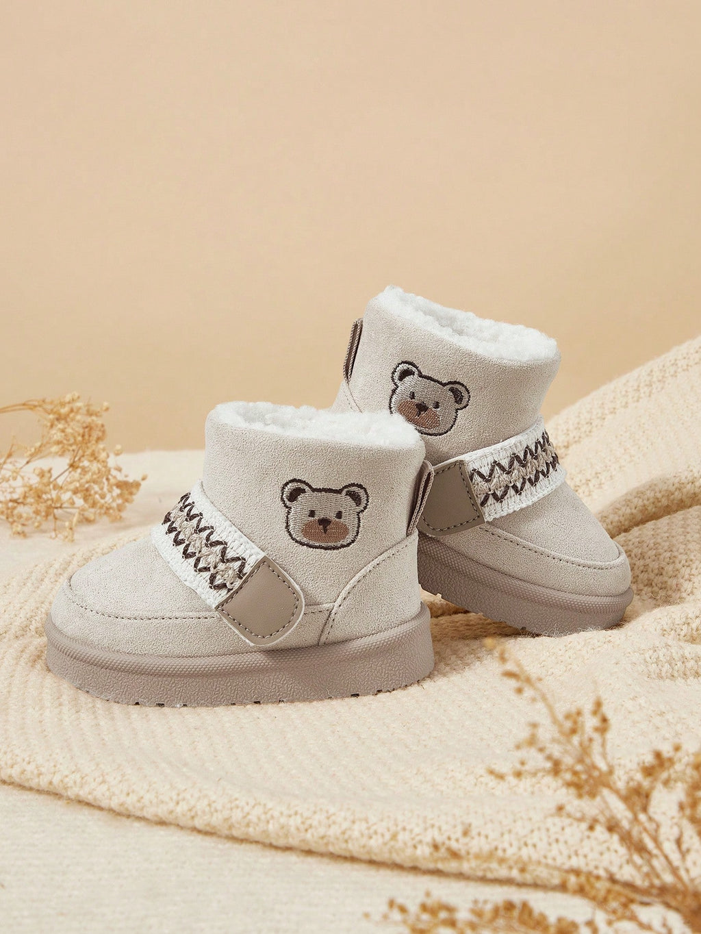 Cozy Pixies Unisex Beige Cute Bear Warm Fur Snow Boots