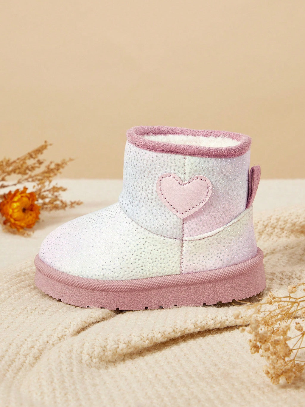 Bottes de neige chaudes Cozy Pixies pour filles, roses, dégradé de paillettes, motif cœur