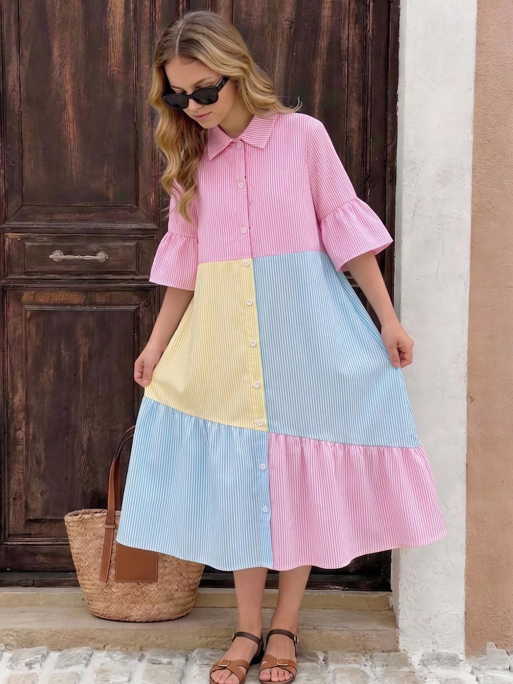 Robe Chemise Fille Rose Rayée Preppy
