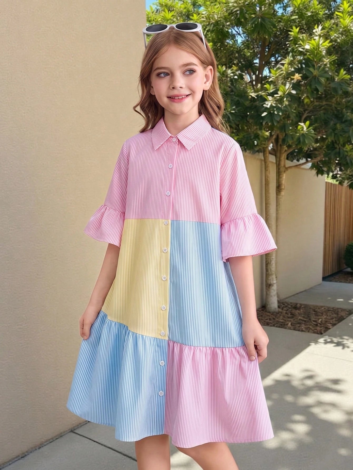 Robe Chemise Fille Rose Rayée Preppy