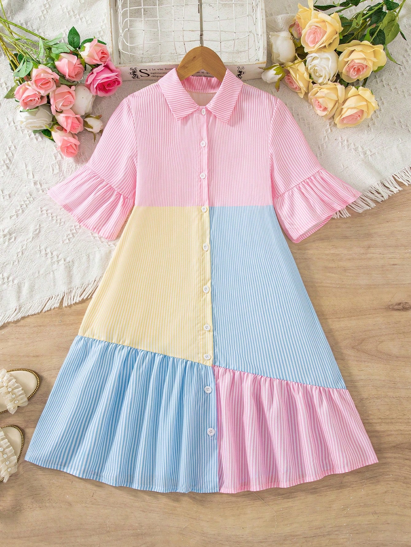 Robe Chemise Fille Rose Rayée Preppy
