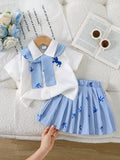 Ensemble SHEIN Vintaside pour enfants : Chemise rayée bleu marine avec châle et jupe plissée