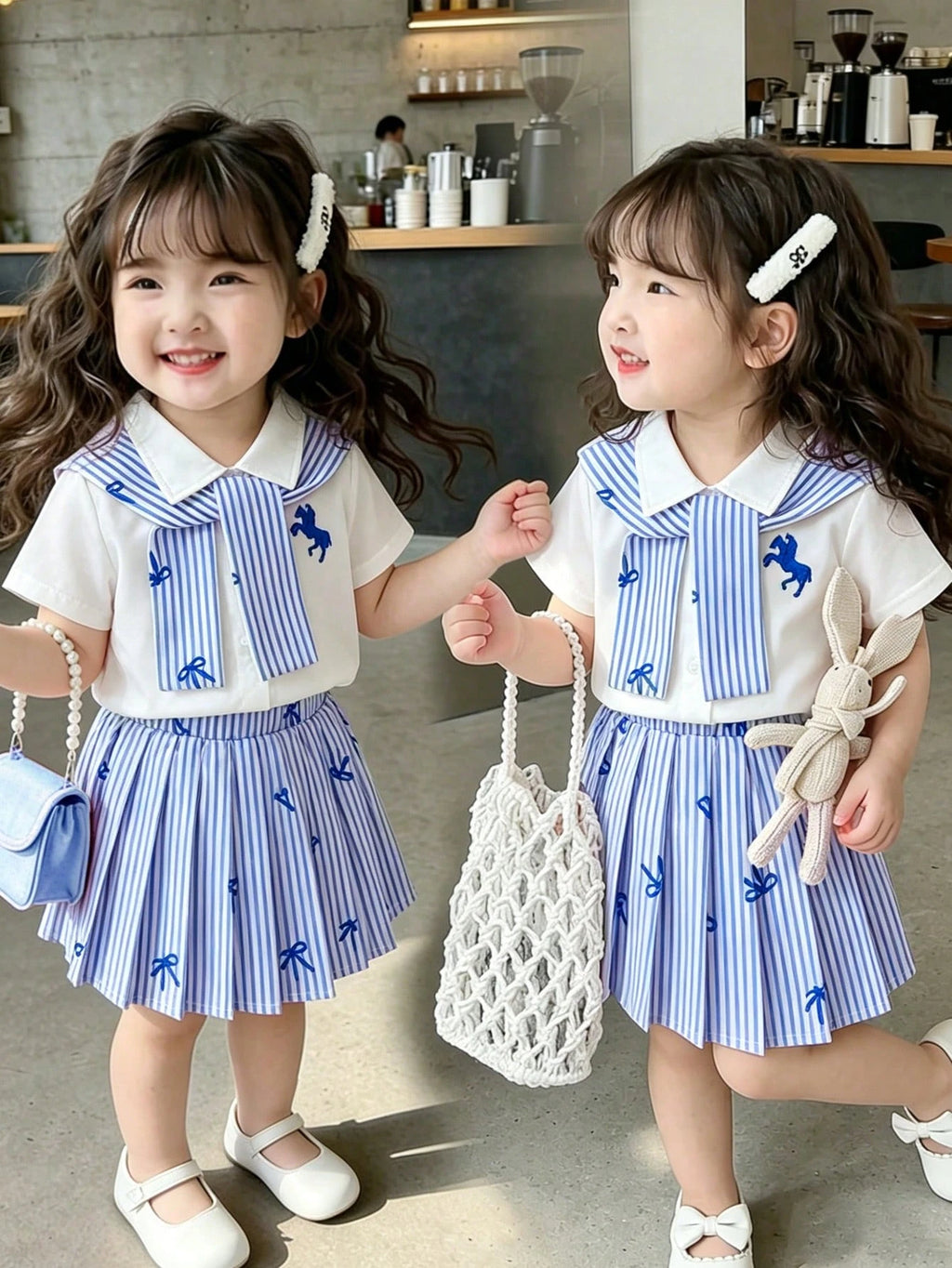 Ensemble SHEIN Vintaside pour enfants : Chemise rayée bleu marine avec châle et jupe plissée