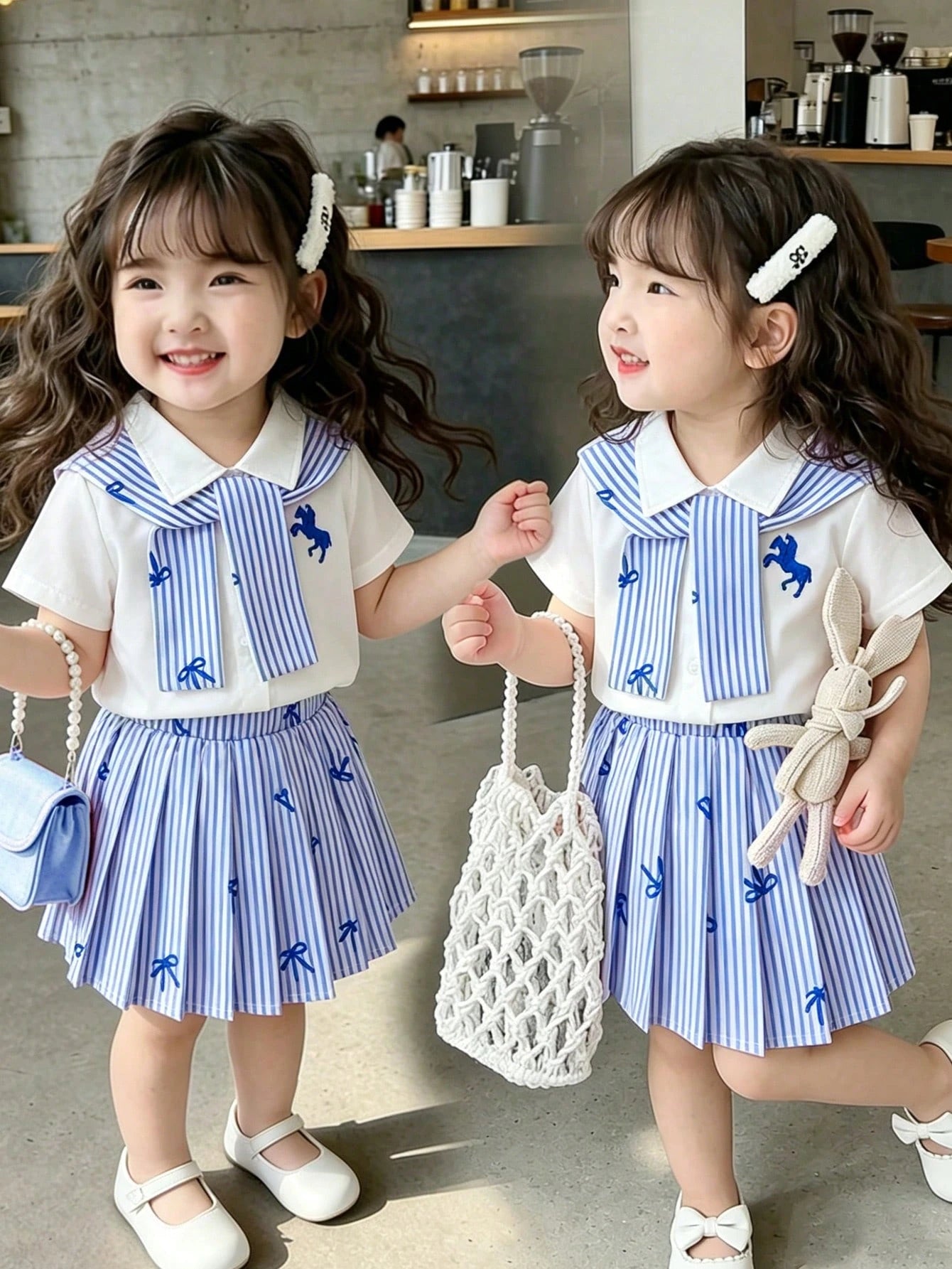 Ensemble SHEIN Vintaside pour enfants : Chemise rayée bleu marine avec châle et jupe plissée