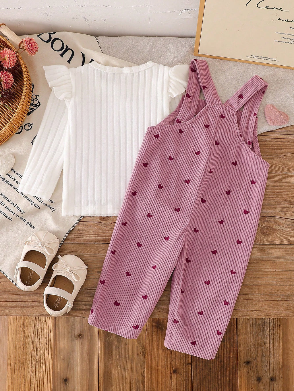 Vintaside Baby Girl Heart Embroidered Corduroy Set Pink