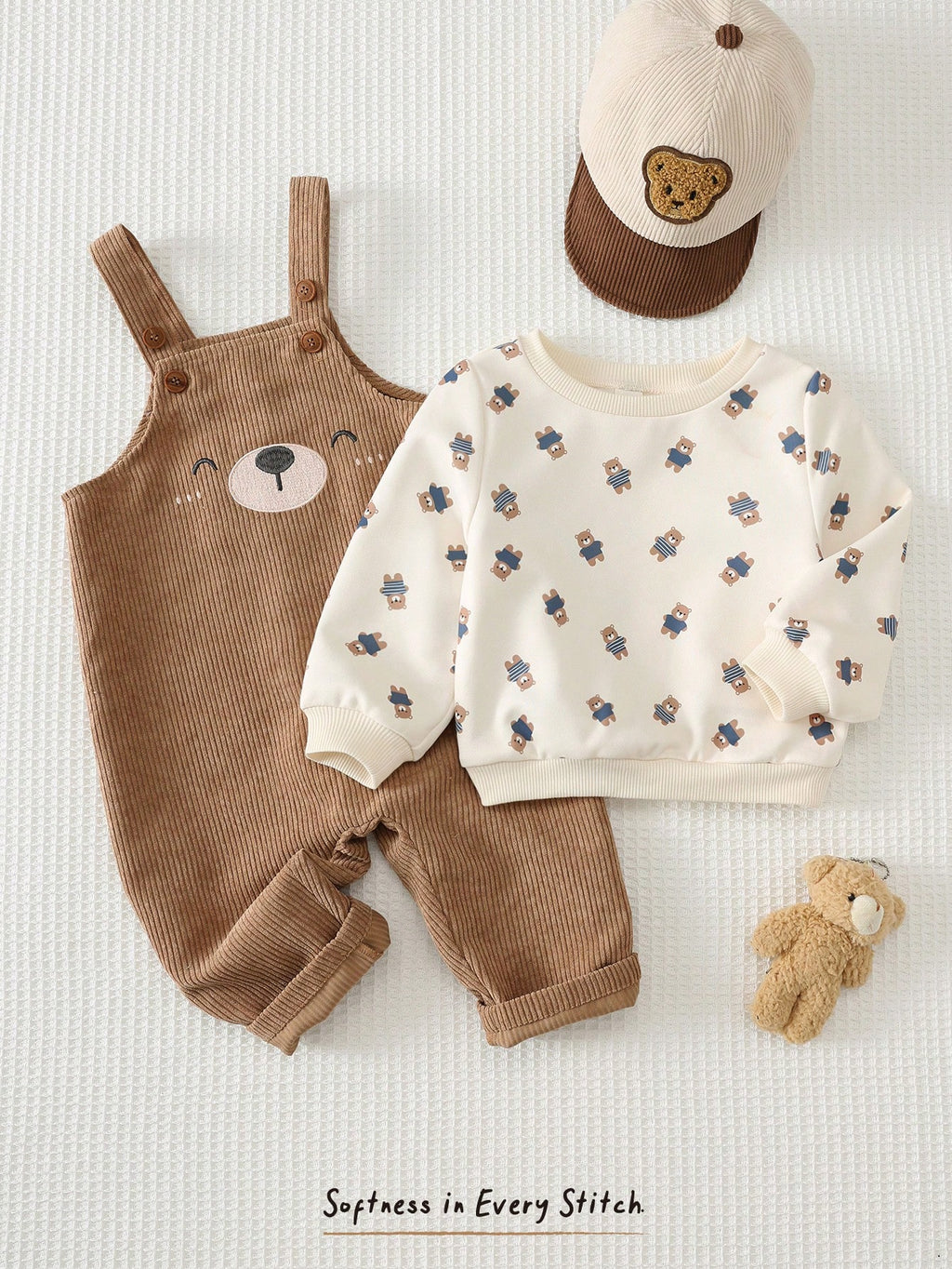 Ensemble Salopette et Sweat-shirt en Maille avec Oursons Cozy Pixies pour Bébé Garçon Kaki