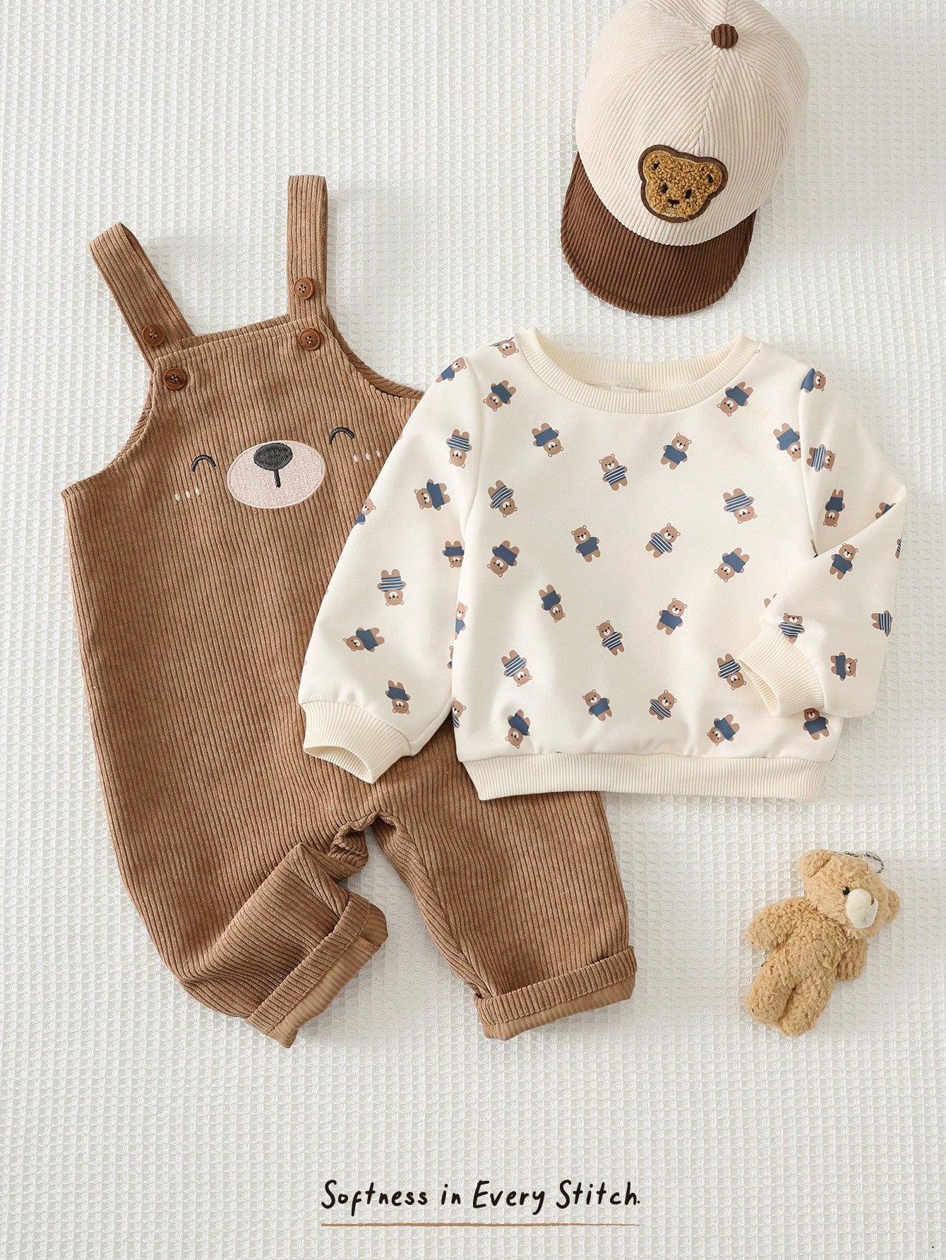 Ensemble Salopette et Sweat-shirt en Maille avec Oursons Cozy Pixies pour Bébé Garçon Kaki
