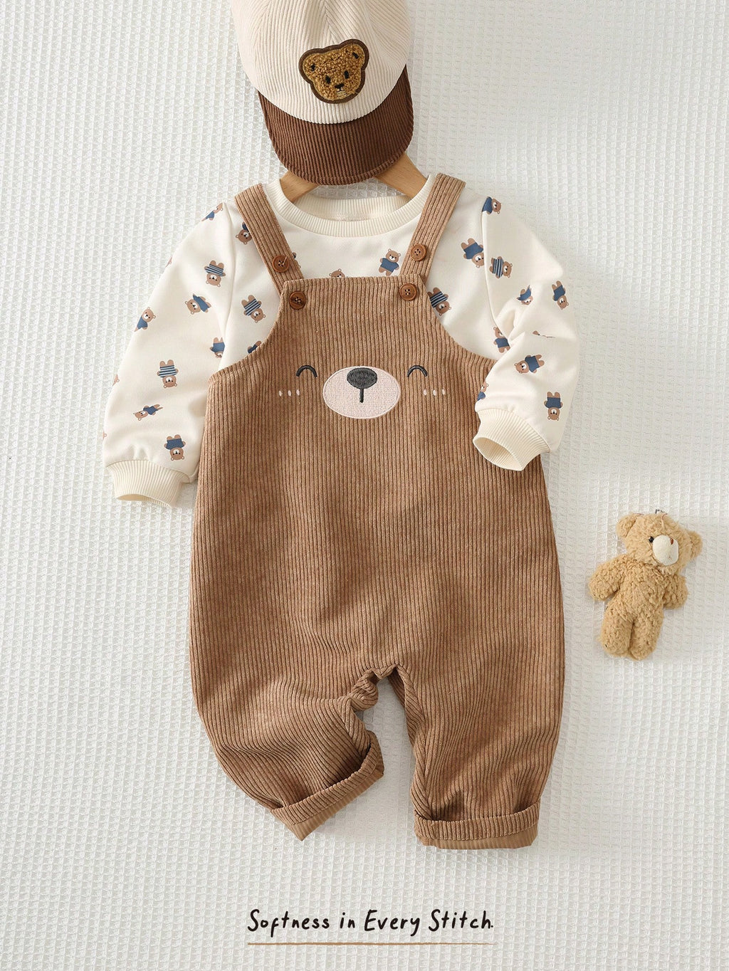 Ensemble Salopette et Sweat-shirt en Maille avec Oursons Cozy Pixies pour Bébé Garçon Kaki