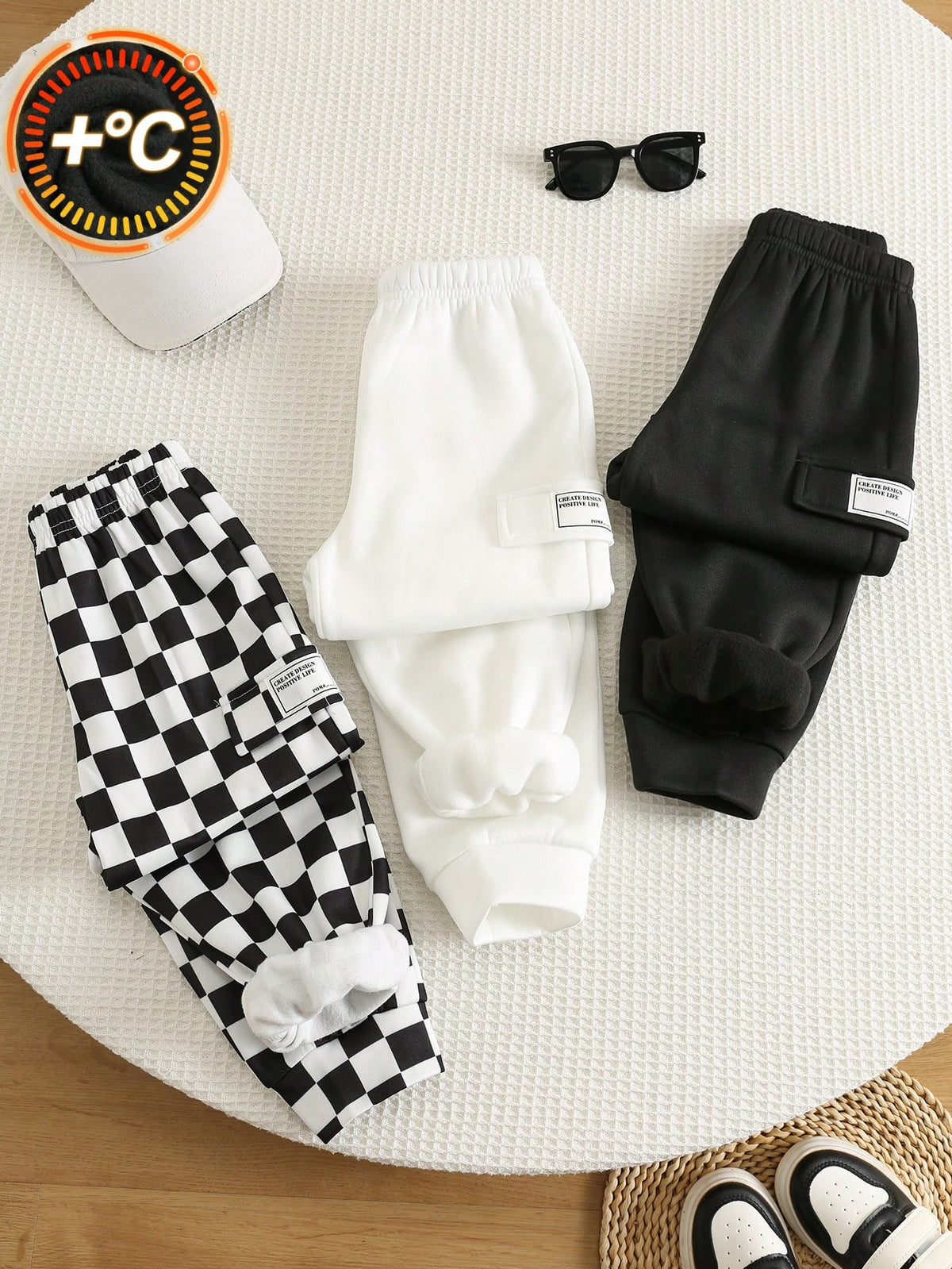 Bambinoo x Playful Pals – Lot de 3 pantalons de survêtement unis et à carreaux pour garçons, multicolore