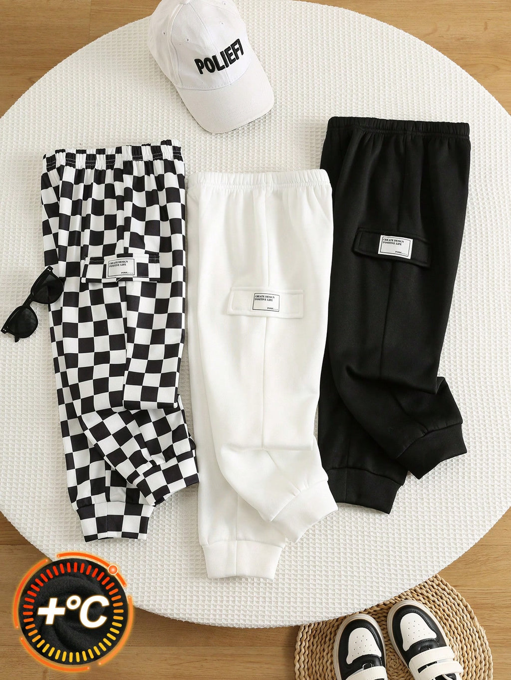 Bambinoo x Playful Pals – Lot de 3 pantalons de survêtement unis et à carreaux pour garçons, multicolore
