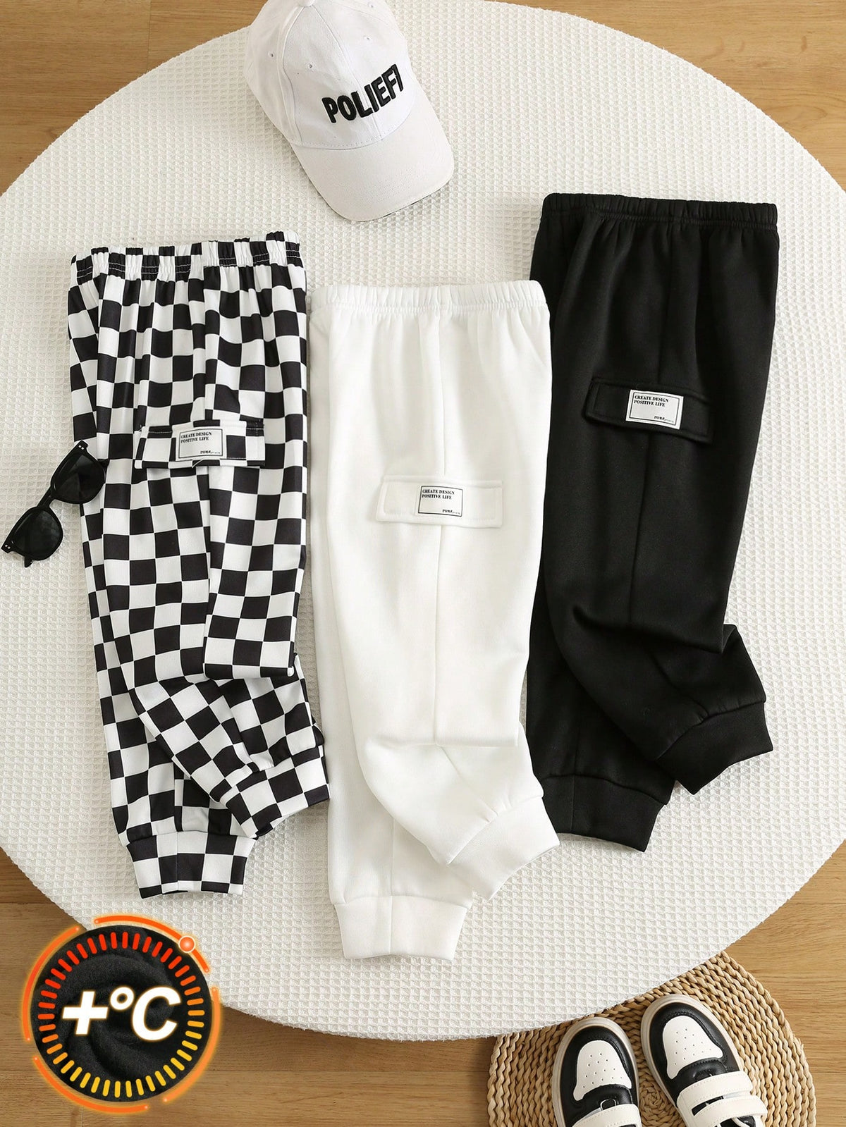 Bambinoo x Playful Pals – Lot de 3 pantalons de survêtement unis et à carreaux pour garçons, multicolore