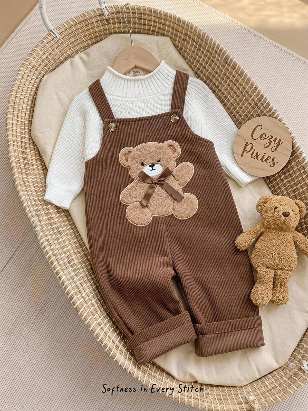 Baby Girls' 3D Plush Bear & Bow Overall Jumpsuit
