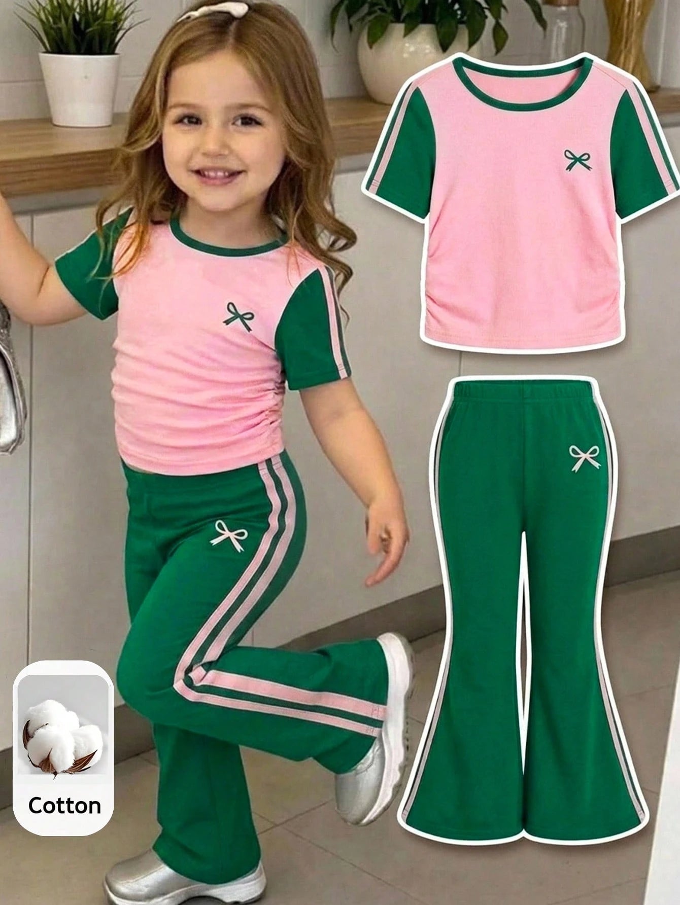 SHEIN Ensemble 2 pièces tricoté multicolore pour bébé fille avec t-shirt contrastant et pantalon long