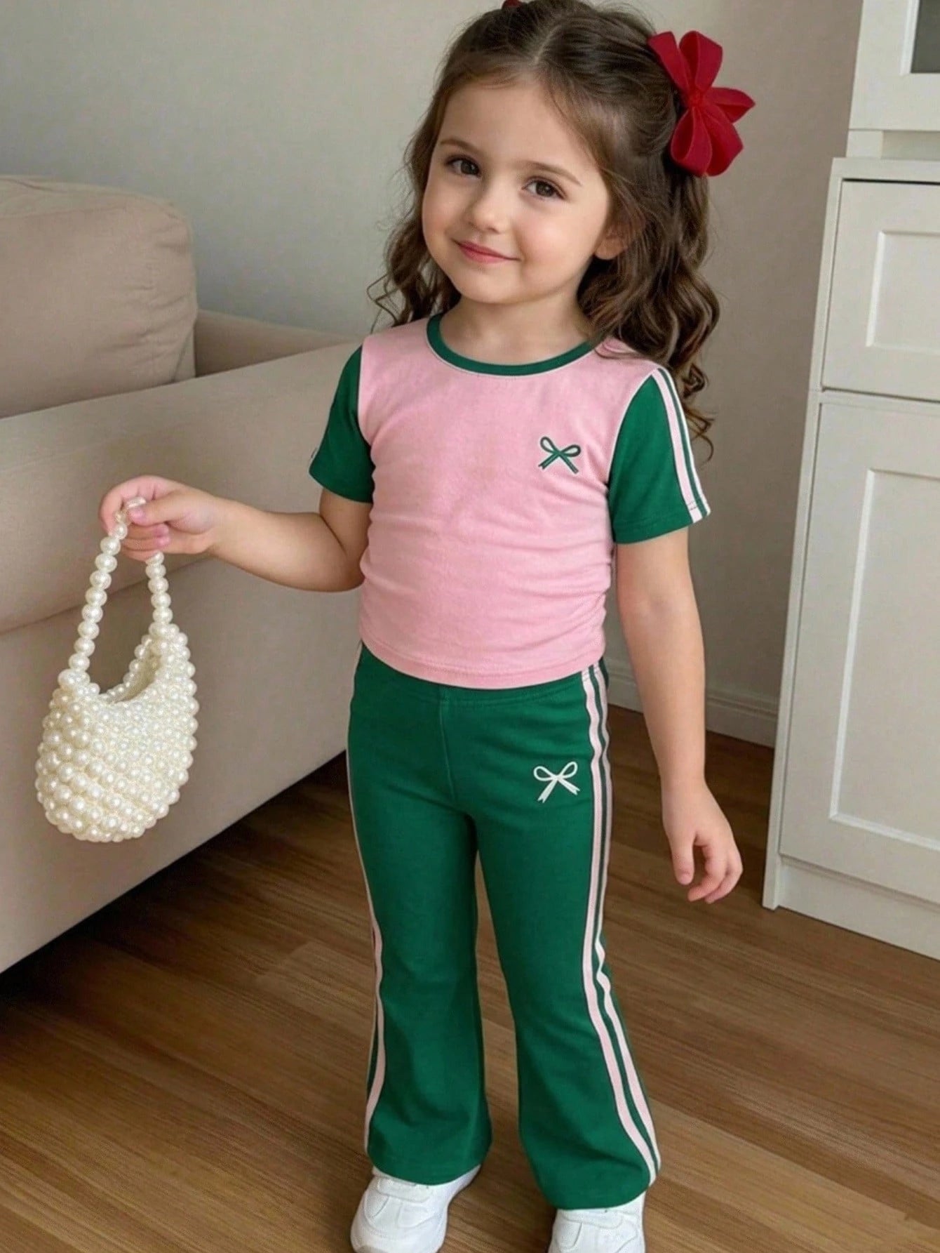 SHEIN Ensemble 2 pièces tricoté multicolore pour bébé fille avec t-shirt contrastant et pantalon long