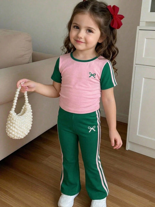 Baby Girl 2-Piece Knitted Contrast T-Shirt & Long Pants Set Multicolor