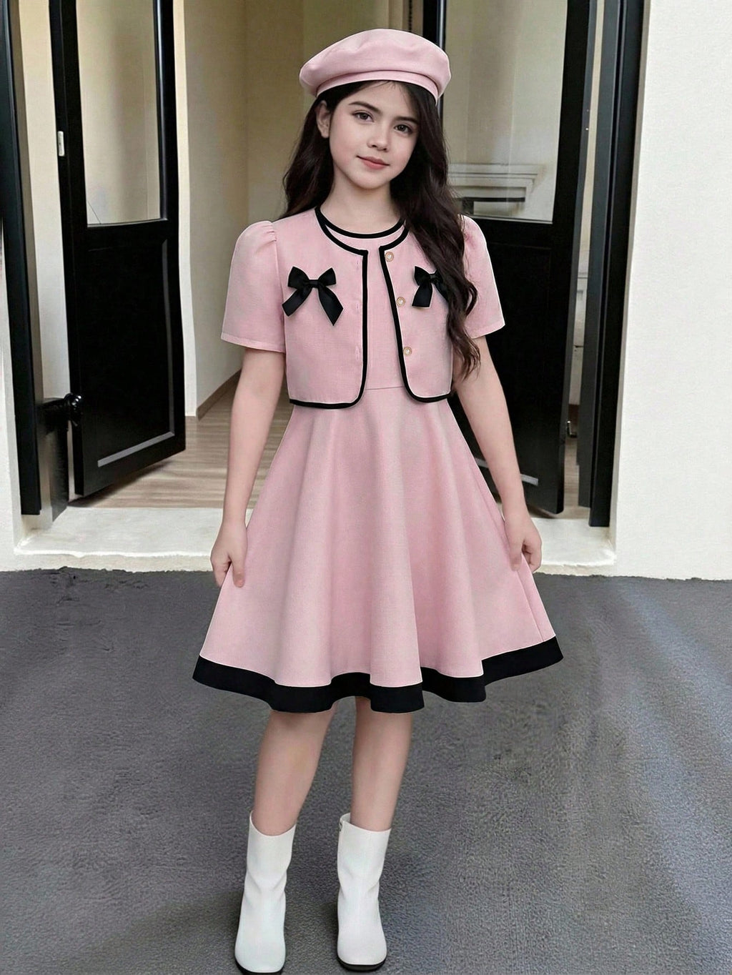 Tween Girls Pink Round Neck Blouse And Short Skirt Coords Cute Puff Sleeve Fitted Dress Set Pink