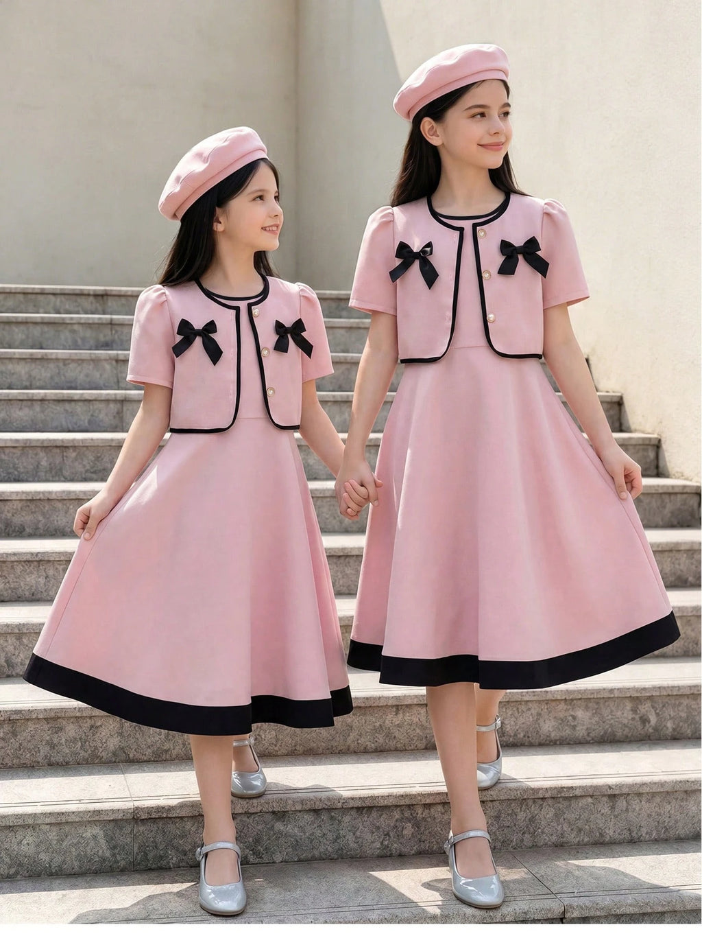 Tween Girls Pink Round Neck Blouse And Short Skirt Coords Cute Puff Sleeve Fitted Dress Set Pink