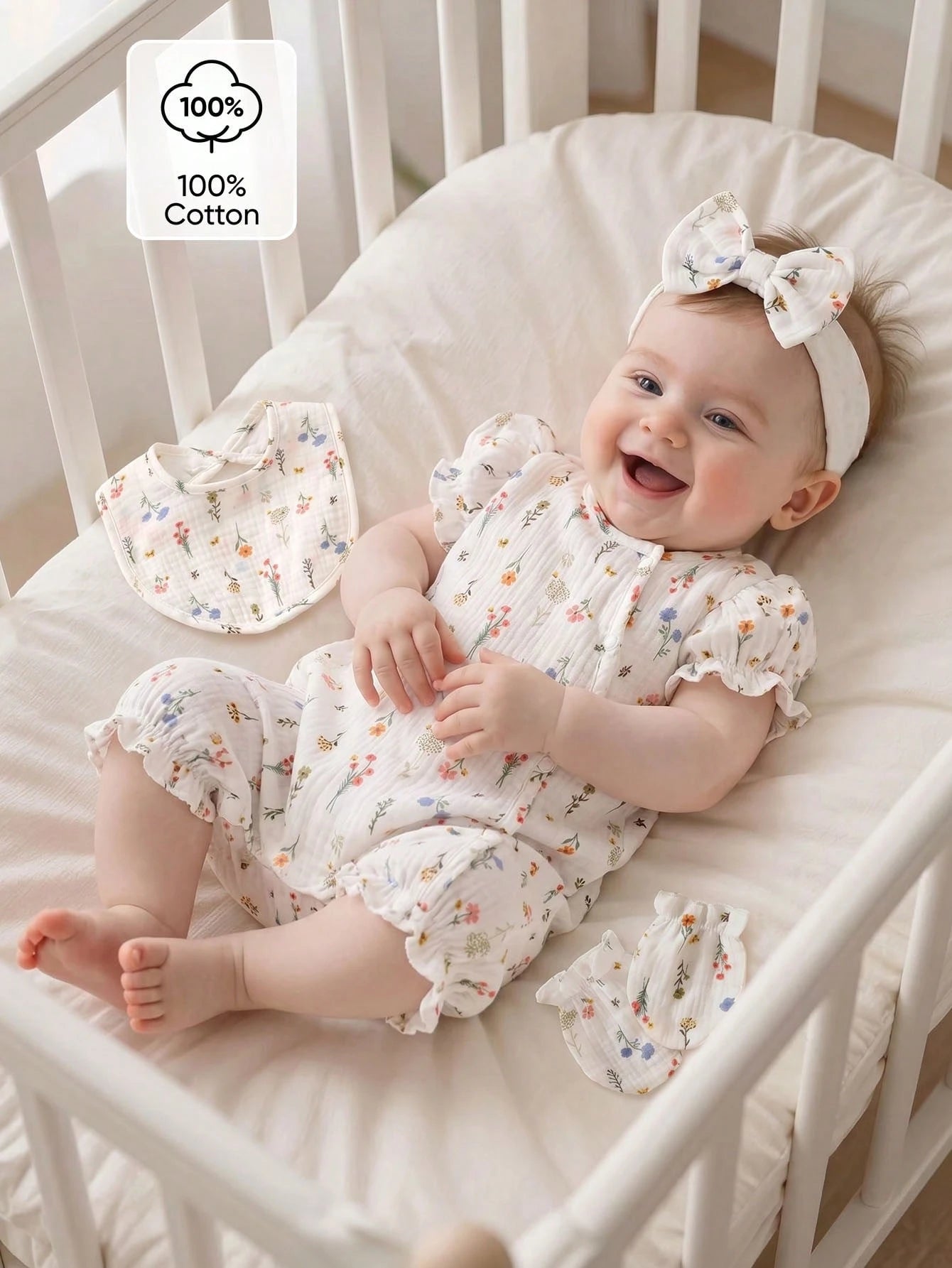 SHEIN Combinaison décontractée pour bébé fille avec imprimé floral et manches bouffantes Playful Pals