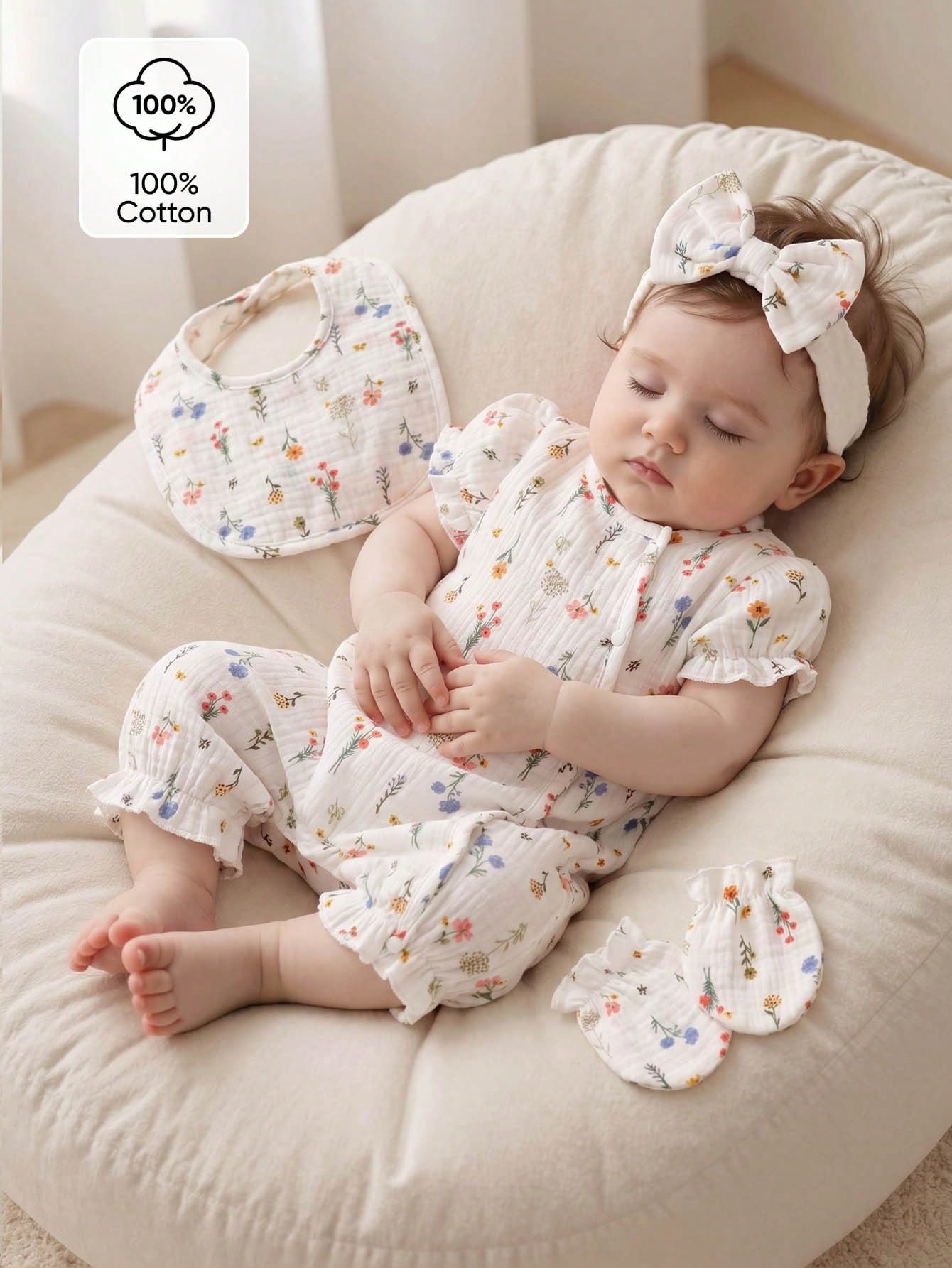 SHEIN Combinaison décontractée pour bébé fille avec imprimé floral et manches bouffantes Playful Pals