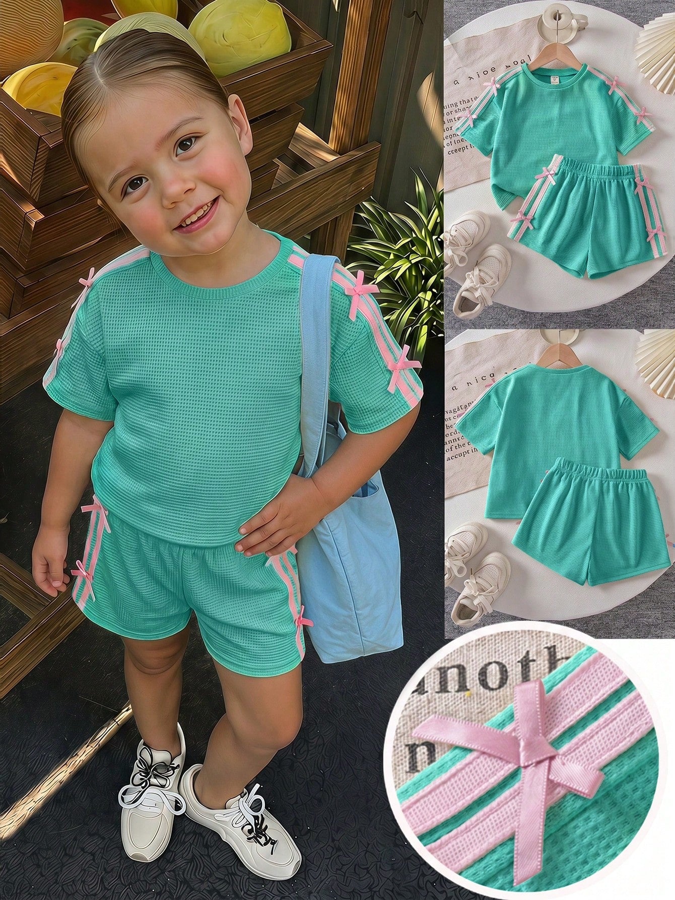 SHEIN Kids Young Girl Knitted T-Shirt And Shorts 2-Piece Set School Summer Green