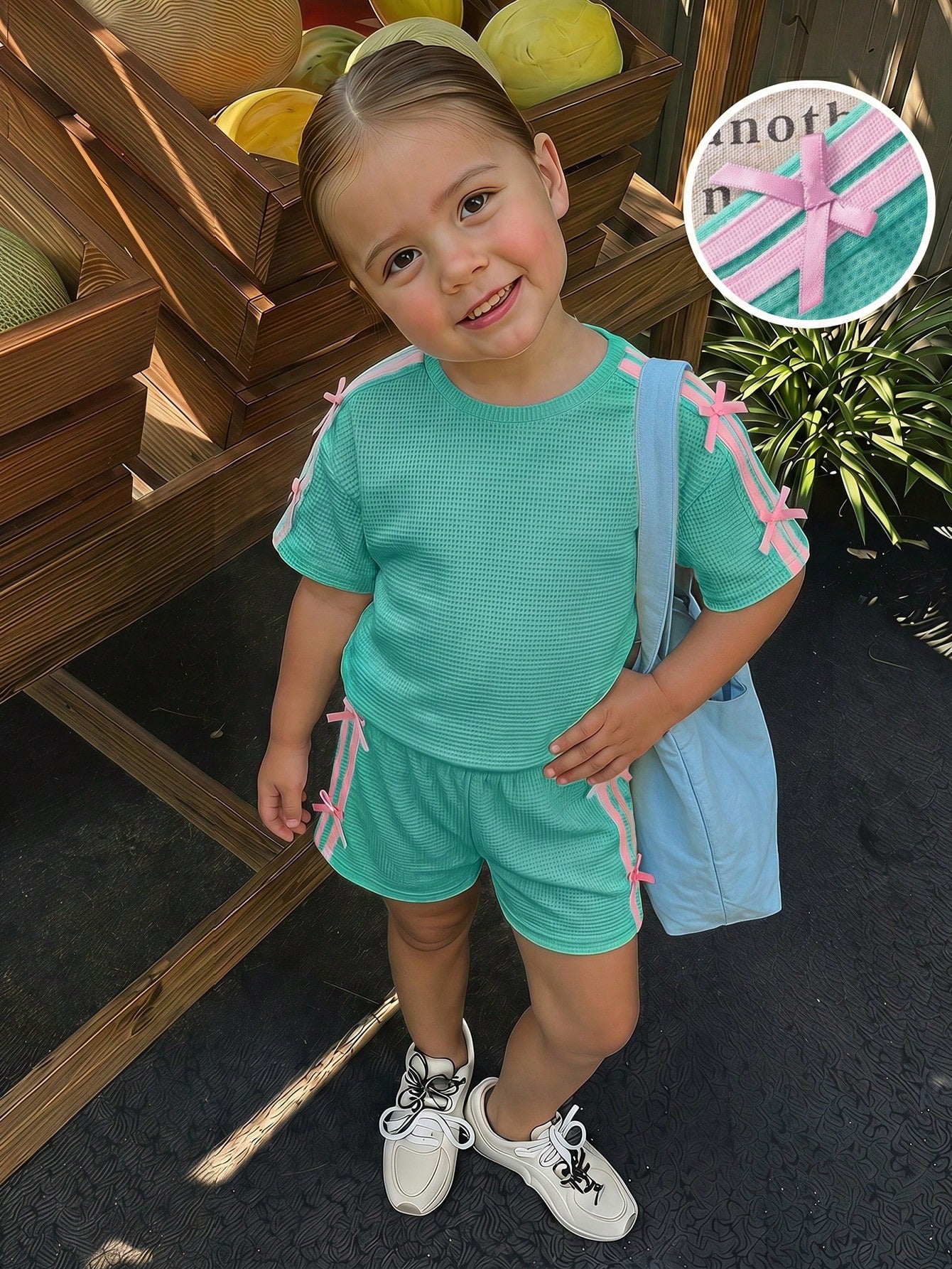SHEIN Kids Young Girl Knitted T-Shirt And Shorts 2-Piece Set School Summer Green