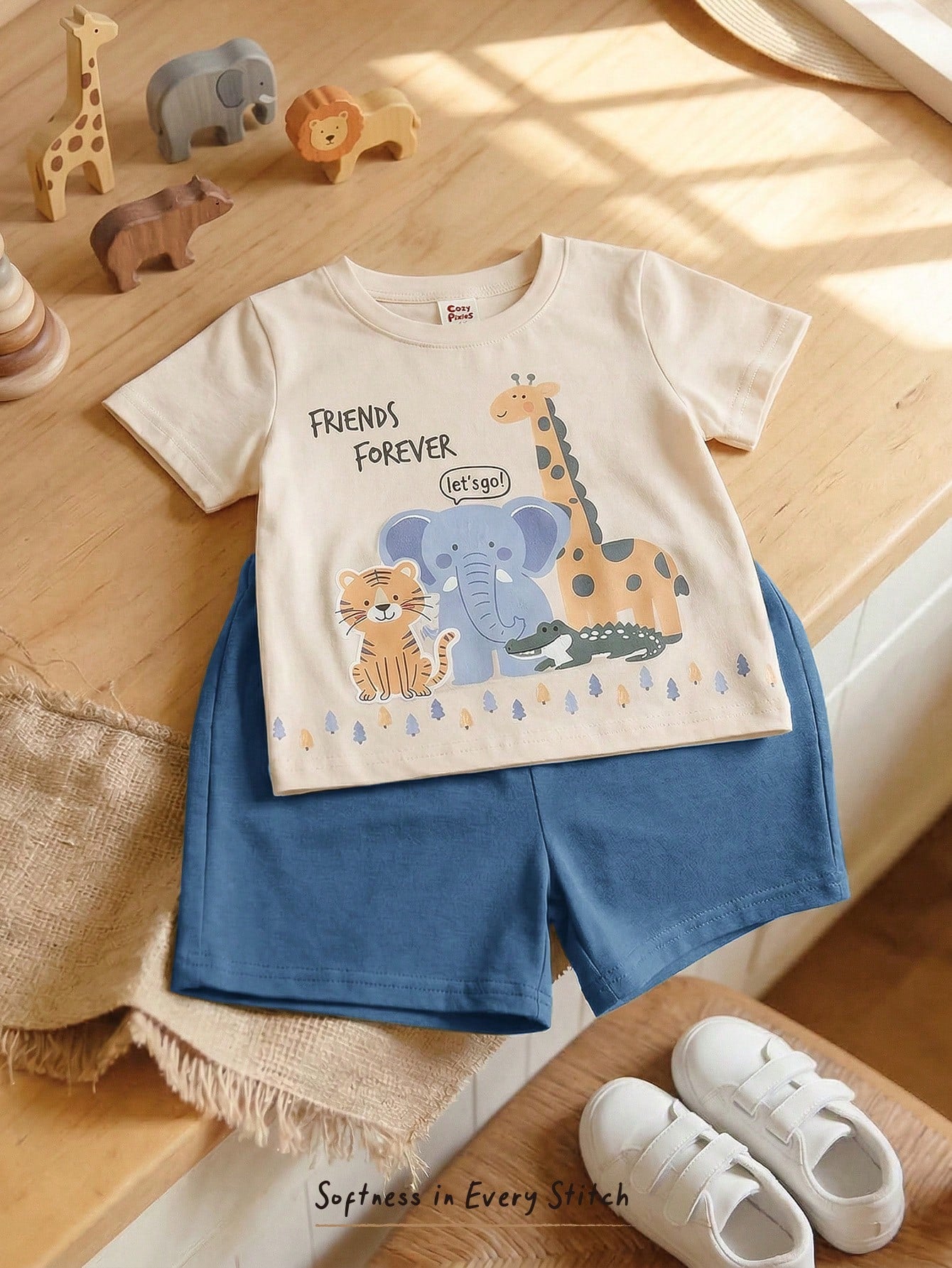 Bambinoo x Cozy Pixies Ensemble 2 pièces bébé tricoté haut et short imprimé animaux de dessin animé