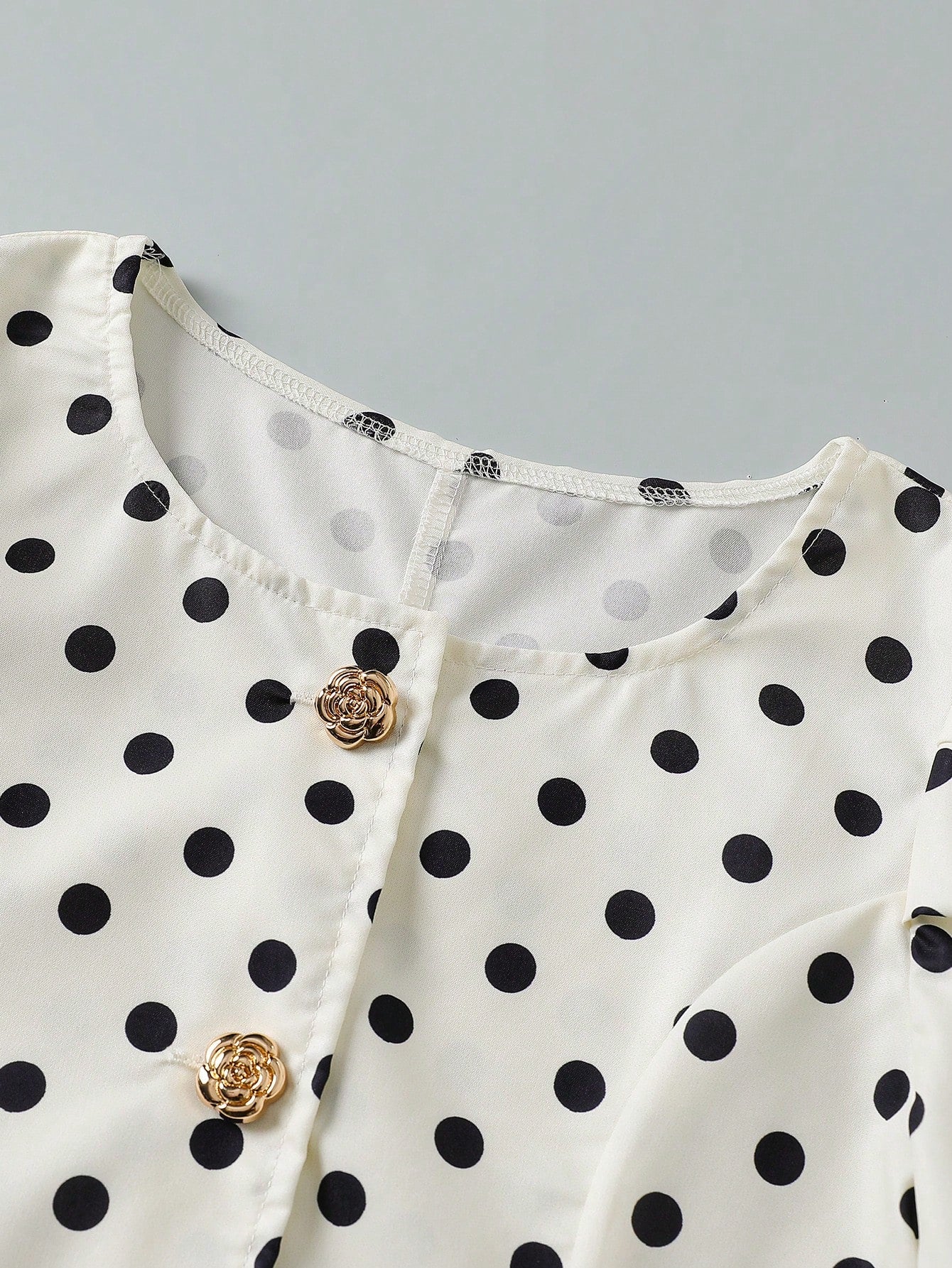 SHEIN Tween Girl Metal Flower Button Short Petal Sleeve Black And White Polka Dot Top And Pants 2pcs Set Party Summer Twee White