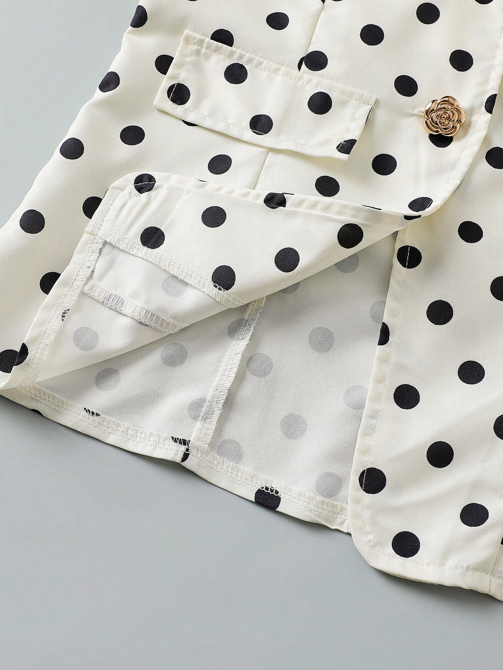SHEIN Tween Girl Metal Flower Button Short Petal Sleeve Black And White Polka Dot Top And Pants 2pcs Set Party Summer Twee White