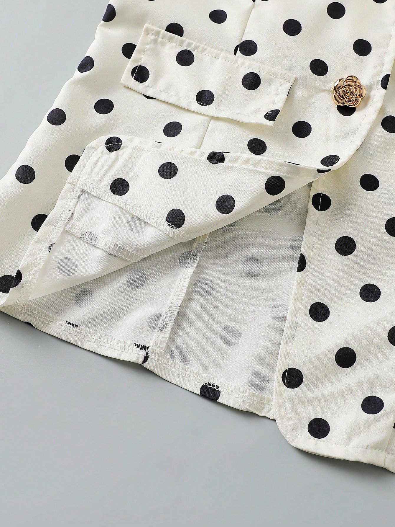 SHEIN Tween Girl Metal Flower Button Short Petal Sleeve Black And White Polka Dot Top And Pants 2pcs Set Party Summer Twee White