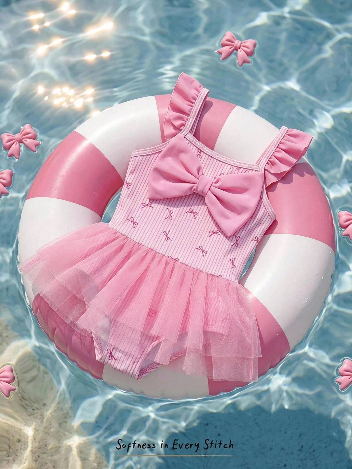 Maillot de bain Bambinoo x Cozy Pixies à rayures et nœud imprimé, maille patchwork pour bébé fille - 1 pièce bleu