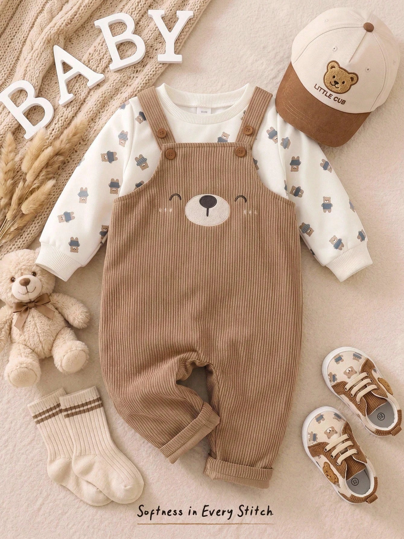 Ensemble Salopette et Sweat-shirt en Maille avec Oursons Cozy Pixies pour Bébé Garçon Kaki