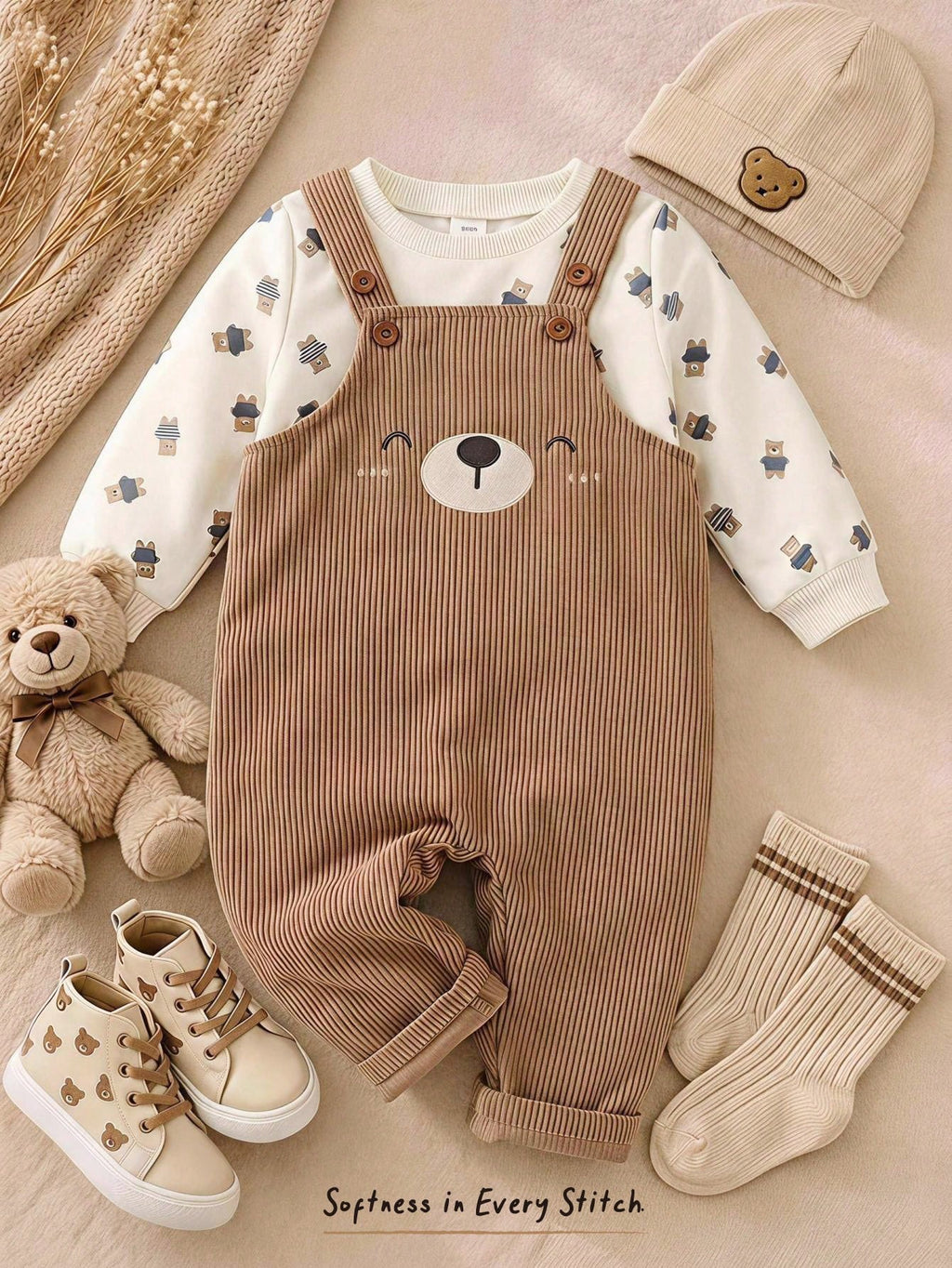 Ensemble Salopette et Sweat-shirt en Maille avec Oursons Cozy Pixies pour Bébé Garçon Kaki