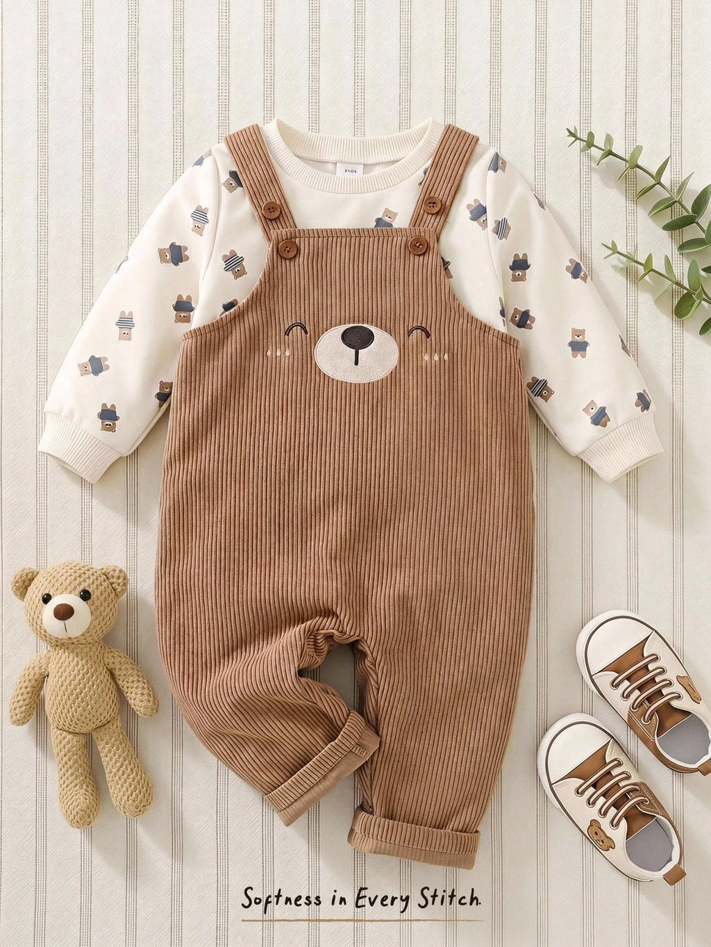 Ensemble Salopette et Sweat-shirt en Maille avec Oursons Cozy Pixies pour Bébé Garçon Kaki