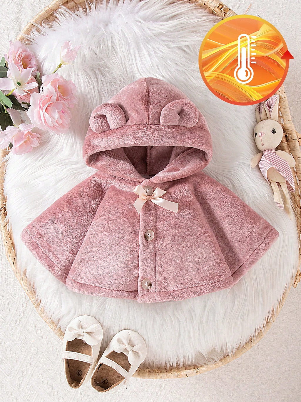 Baby Girl Plush Hooded Thick Warm Cape Dusty Pink