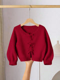 LMoss Kids Young Girl Pink Bow Knit Sweater - Burgundy