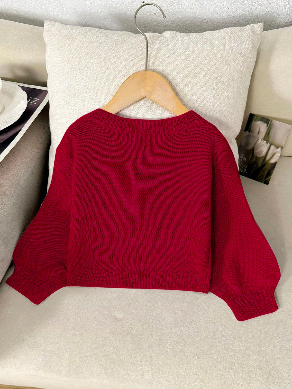 LMoss Kids Young Girl Pink Bow Knit Sweater - Burgundy