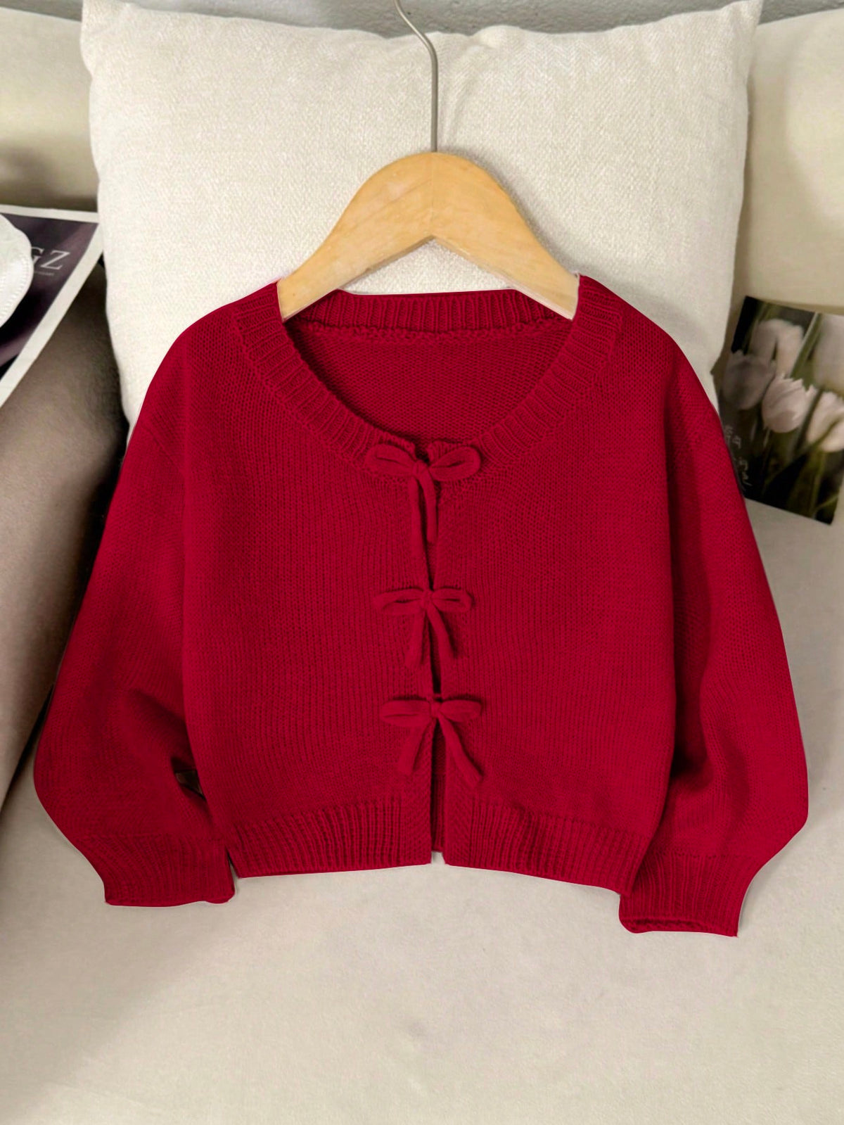 LMoss Kids Young Girl Pink Bow Knit Sweater - Burgundy