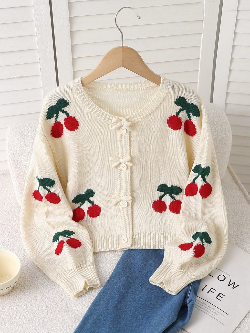 Girls' Cherry Jacquard Bow Cardigan