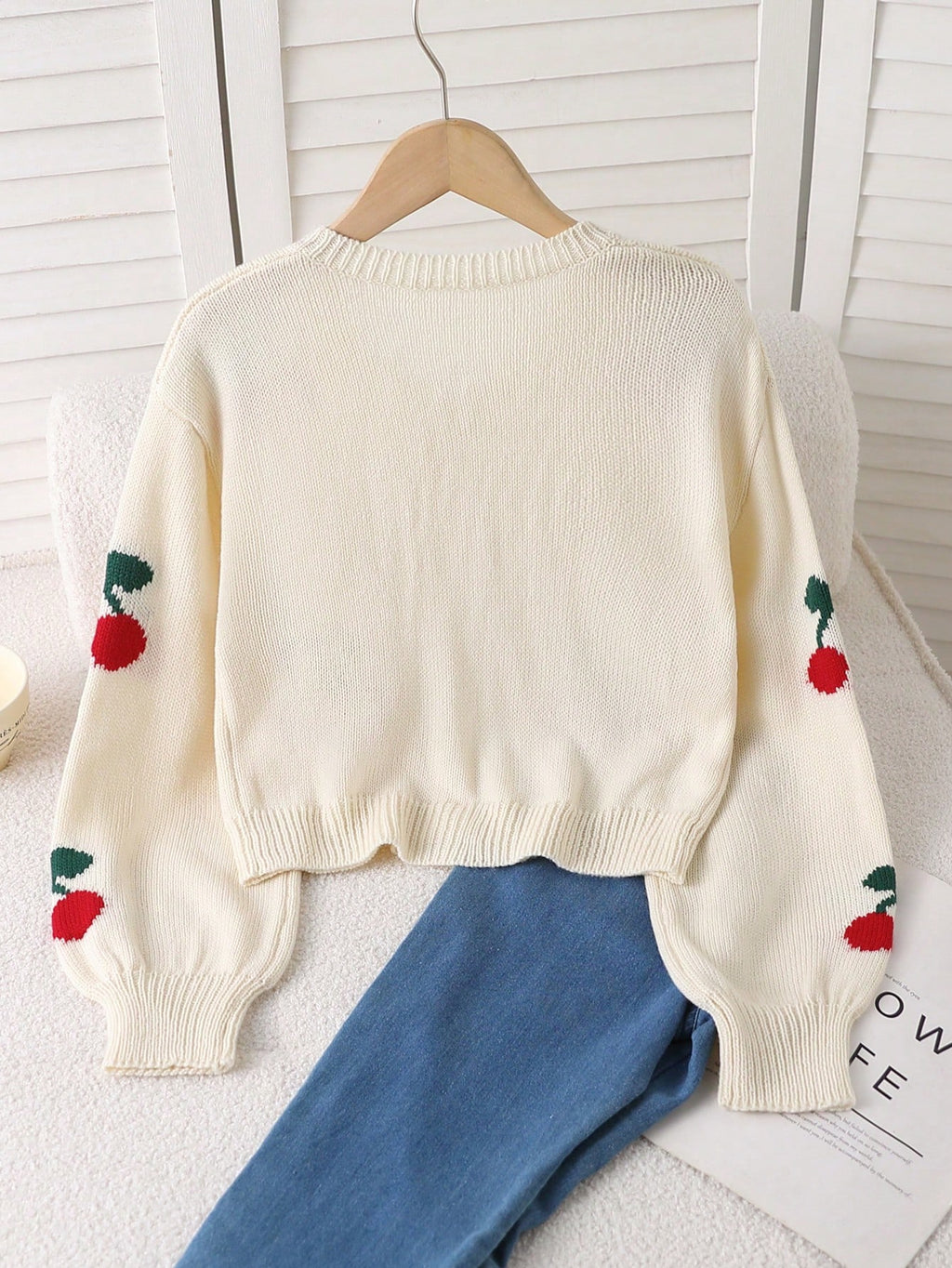 Girls' Cherry Jacquard Bow Cardigan