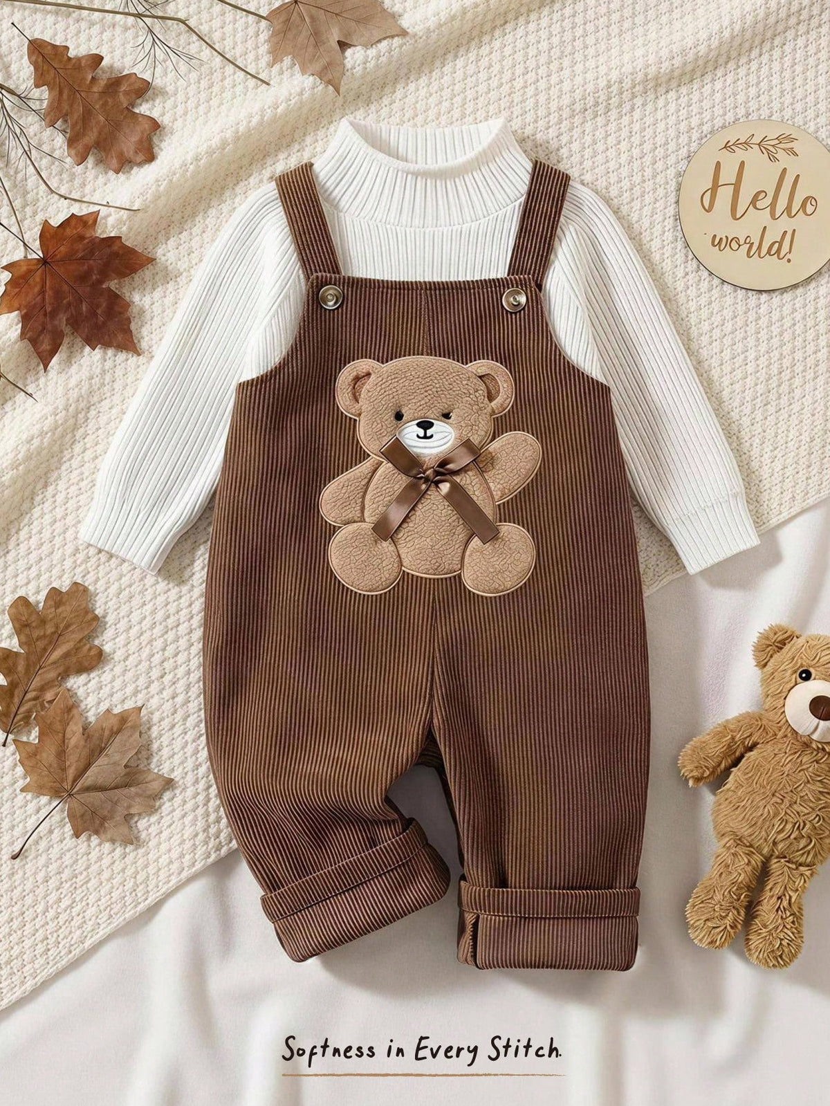 Baby Girls' 3D Plush Bear & Bow Overall Jumpsuit