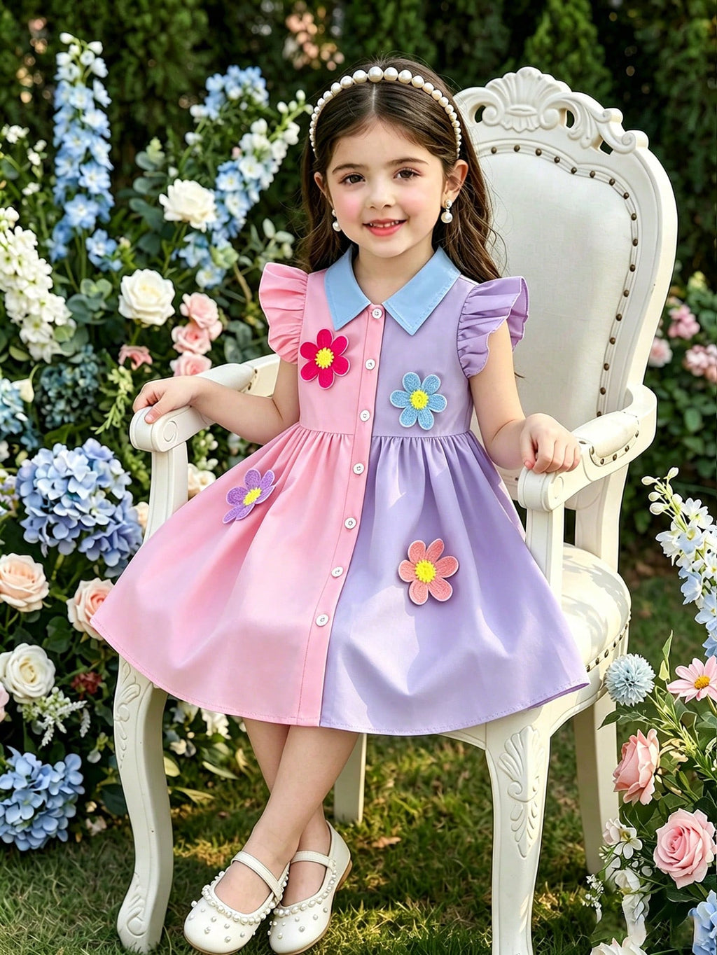 Robe Chemise Fille Colorblock Rose Violet Fleurs 3D