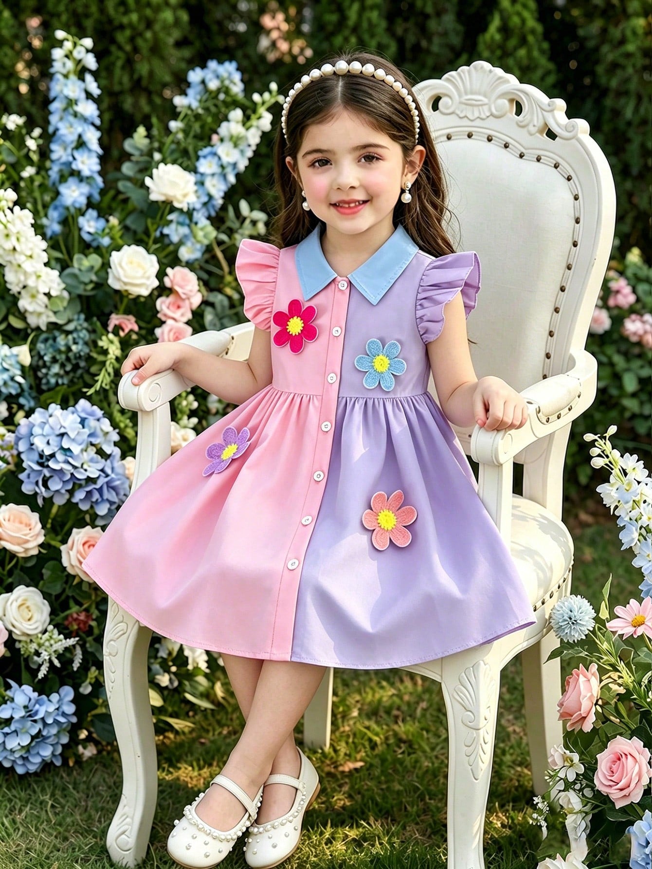 Robe Chemise Fille Colorblock Rose Violet Fleurs 3D
