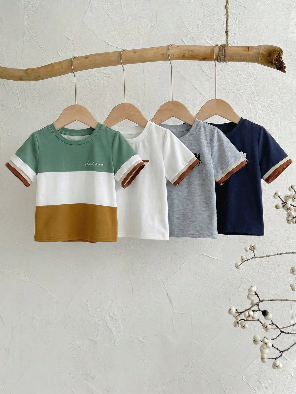 Colorblock Cuff Short Sleeve T-Shirts 4 Pieces Set Khaki