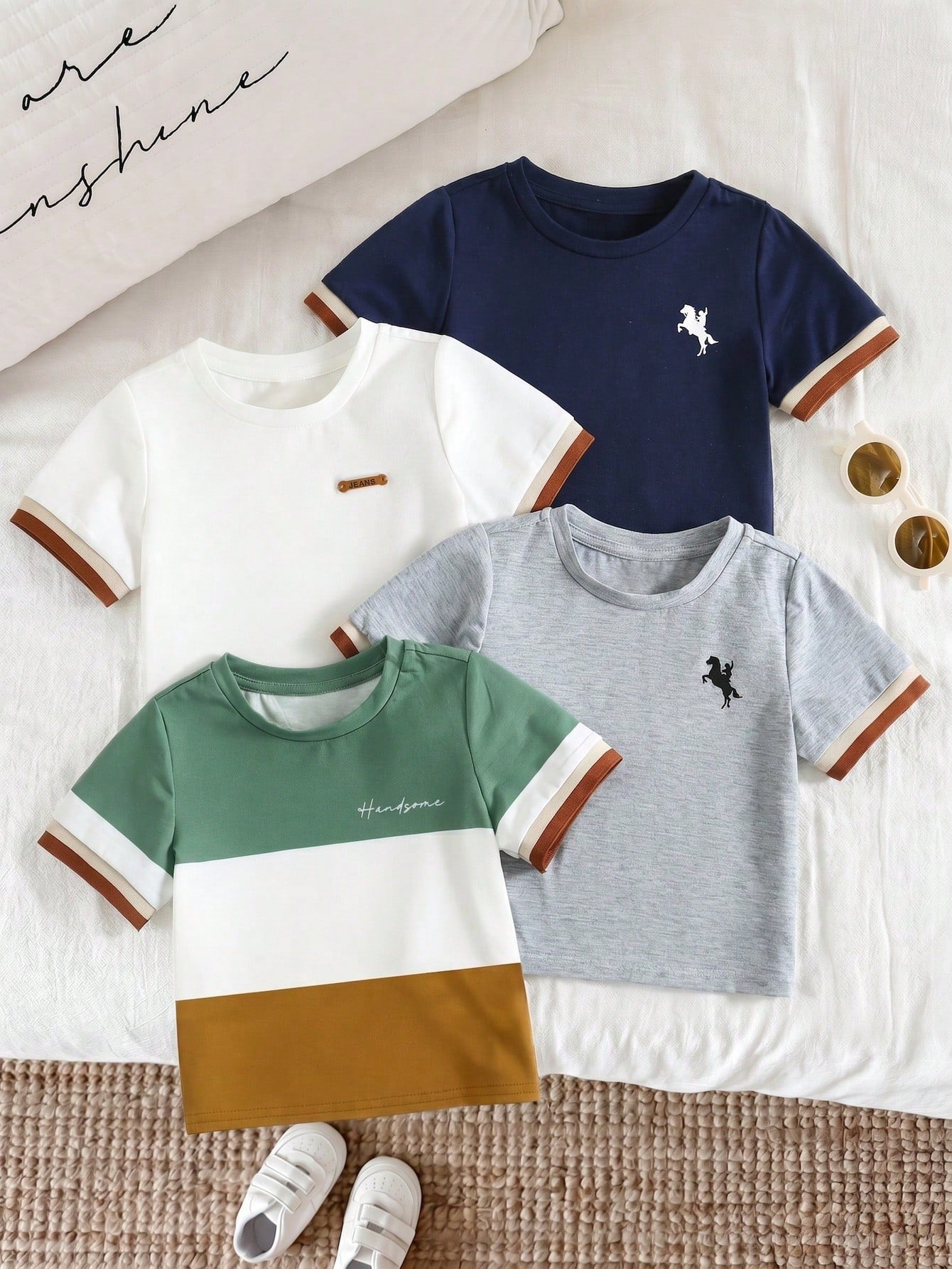 Colorblock Cuff Short Sleeve T-Shirts 4 Pieces Set Khaki