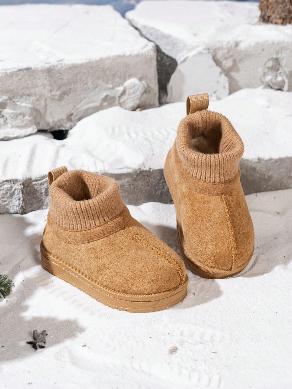 Knitted Sock Collar Snow Boots - Brown